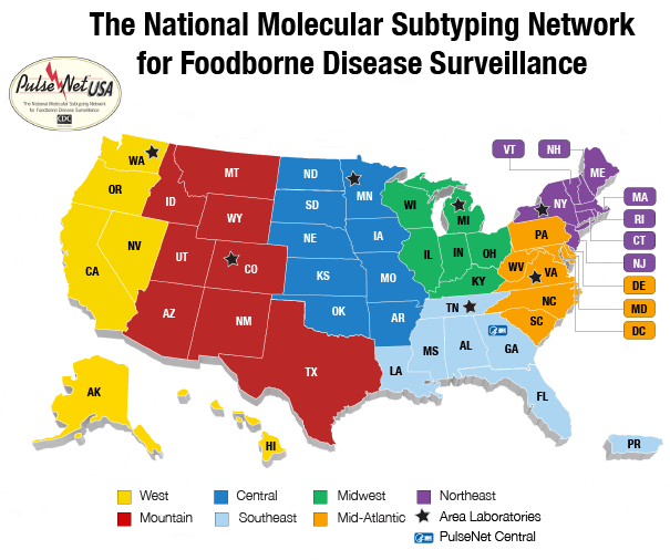 Map identifying regions their regional laboratories for PulseNet