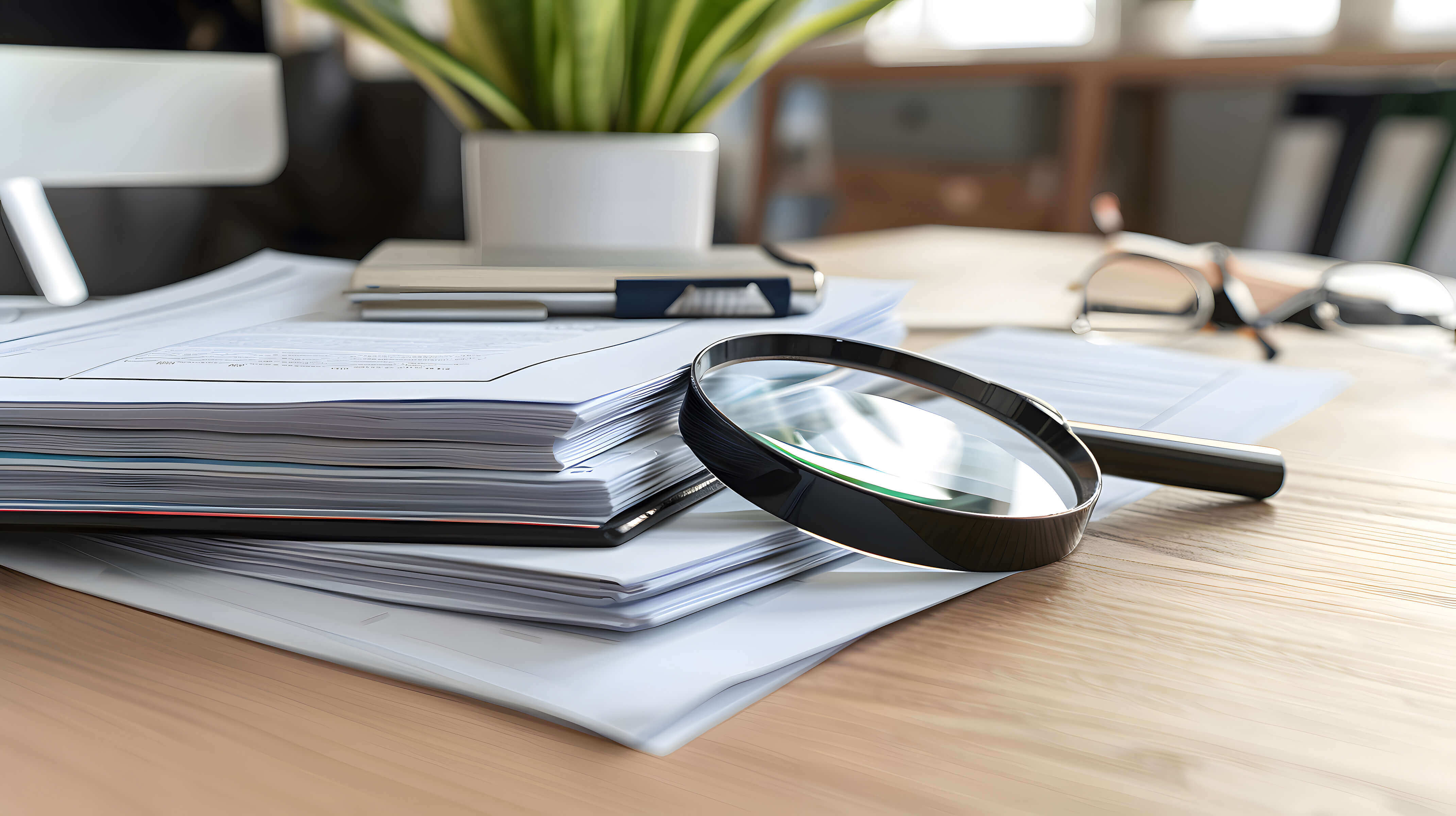 documents on desk with magnifying glass