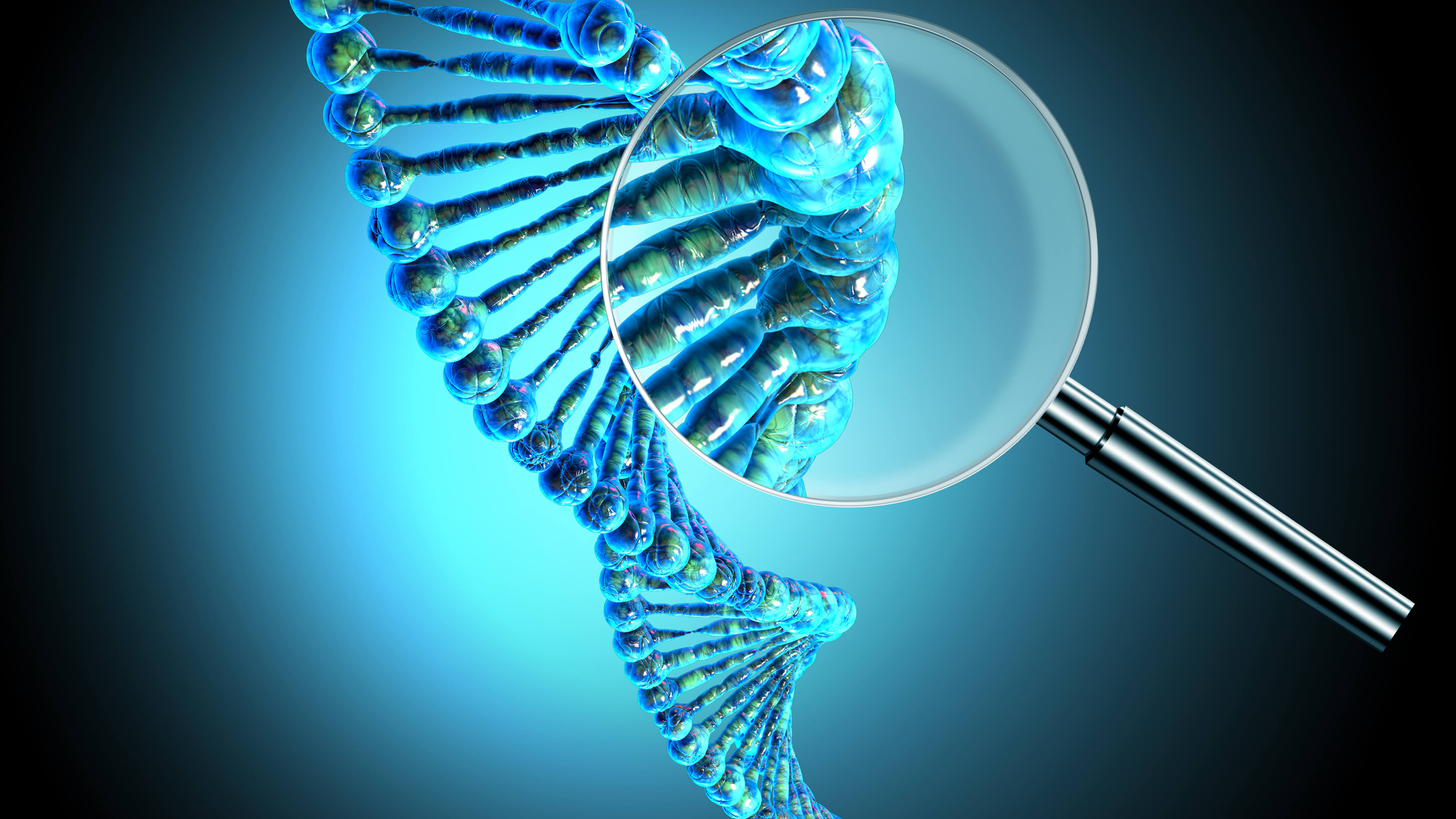 illustration of a magnifying glass above a DNA strand