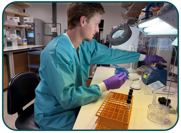 6-MEM-Louisiana-03-laboratorian-mcfarland-suspension Davis Covington prepares a McFarland suspension for the modified carbapenem inactivation method (mCIM). Photo: LDH Bureau of Laboratory Services.